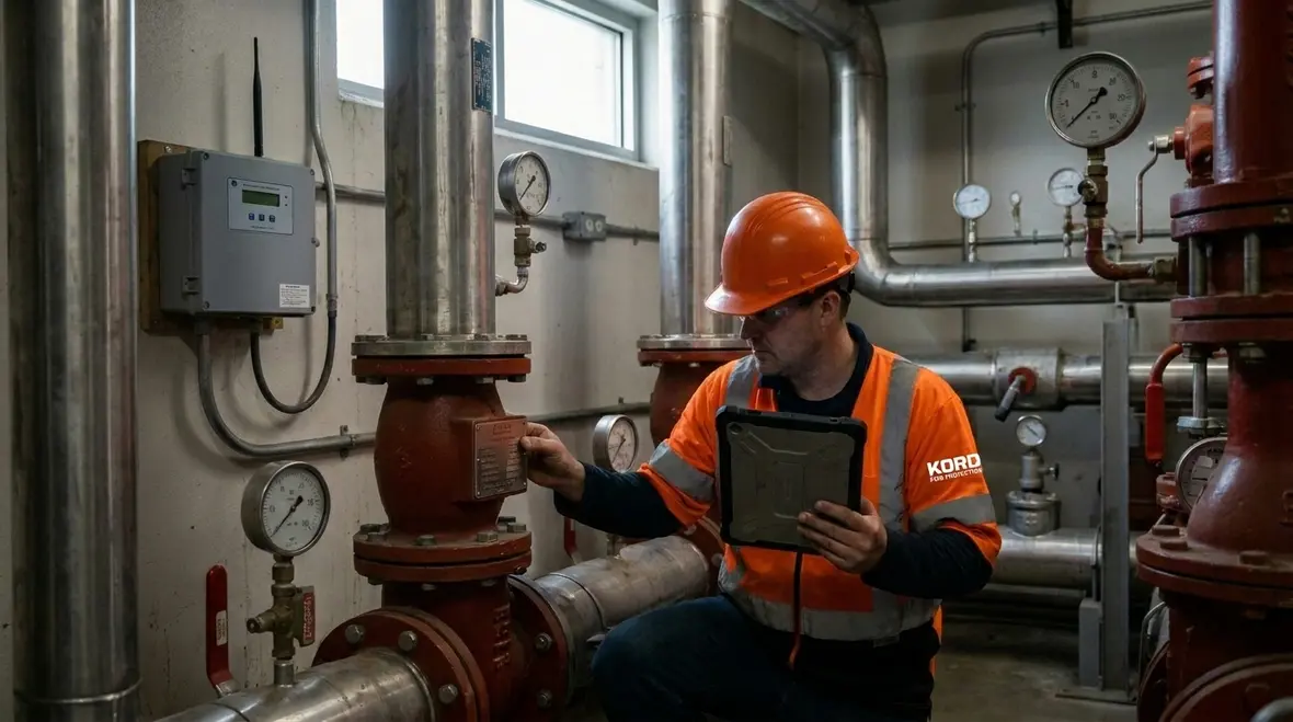 Technician reviewing monitored fire sprinkler pressure and alarm events