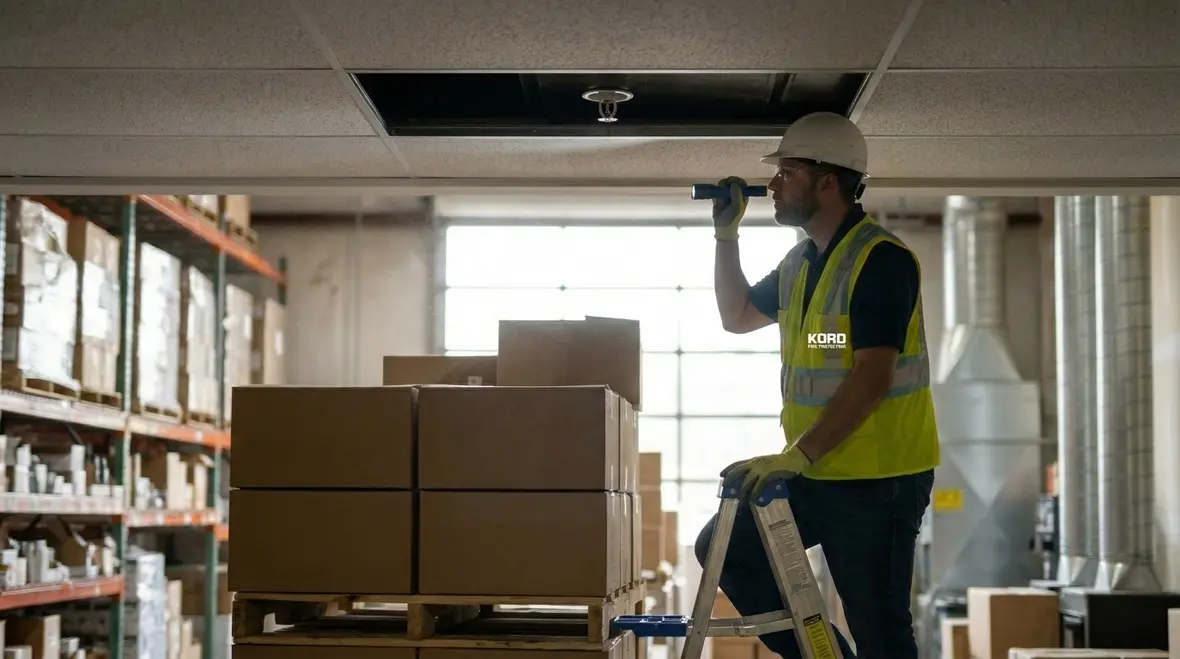 Technician reviewing commercial fire sprinkler installation quality and pipe alignment