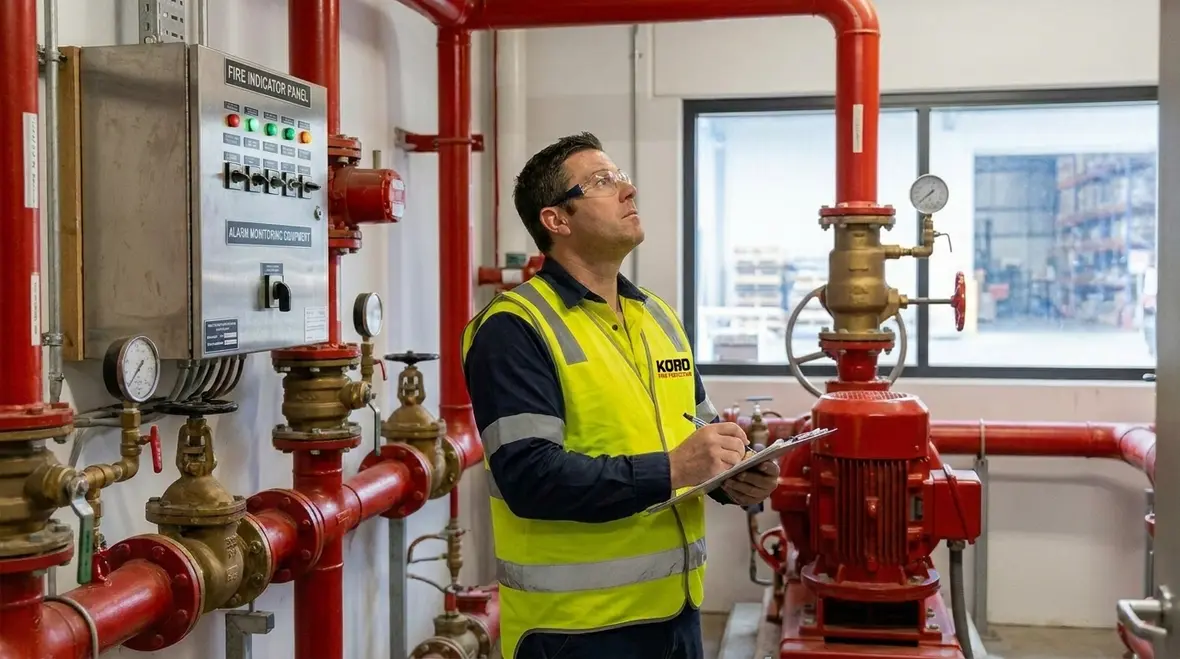 Commercial fire sprinkler piping and valves in a facility ceiling