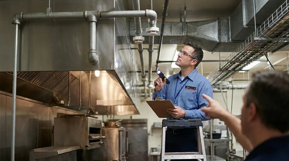 Kitchen staff following commercial kitchen fire suppression protocol during an alarm