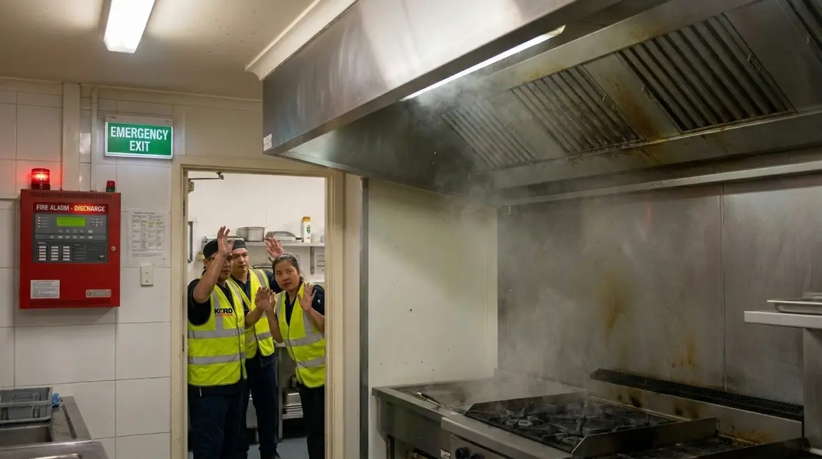 Commercial kitchen fire safety equipment and suppression layout