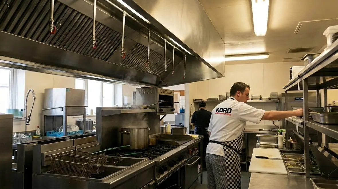 Commercial kitchen fire suppression protocols in a professional kitchen
