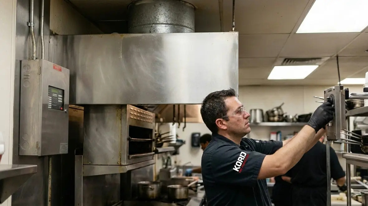 Commercial kitchen hood fire suppression system installed above cooking equipment