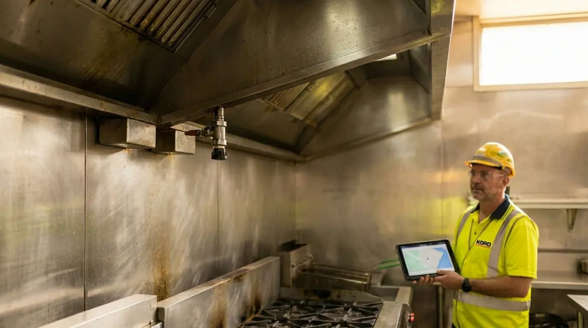 Commercial kitchen fire suppression nozzles above a professional cook line