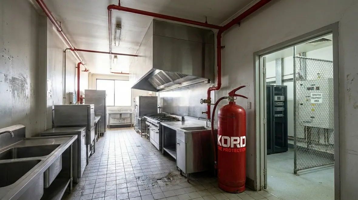 Dry chemical and multi hazard fire suppression planning for a commercial kitchen facility