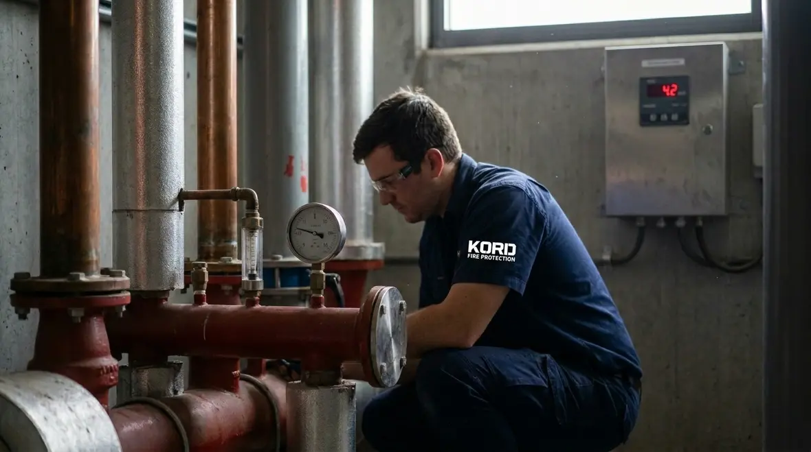 Commercial sprinkler system pressure monitoring equipment in a fire protection room