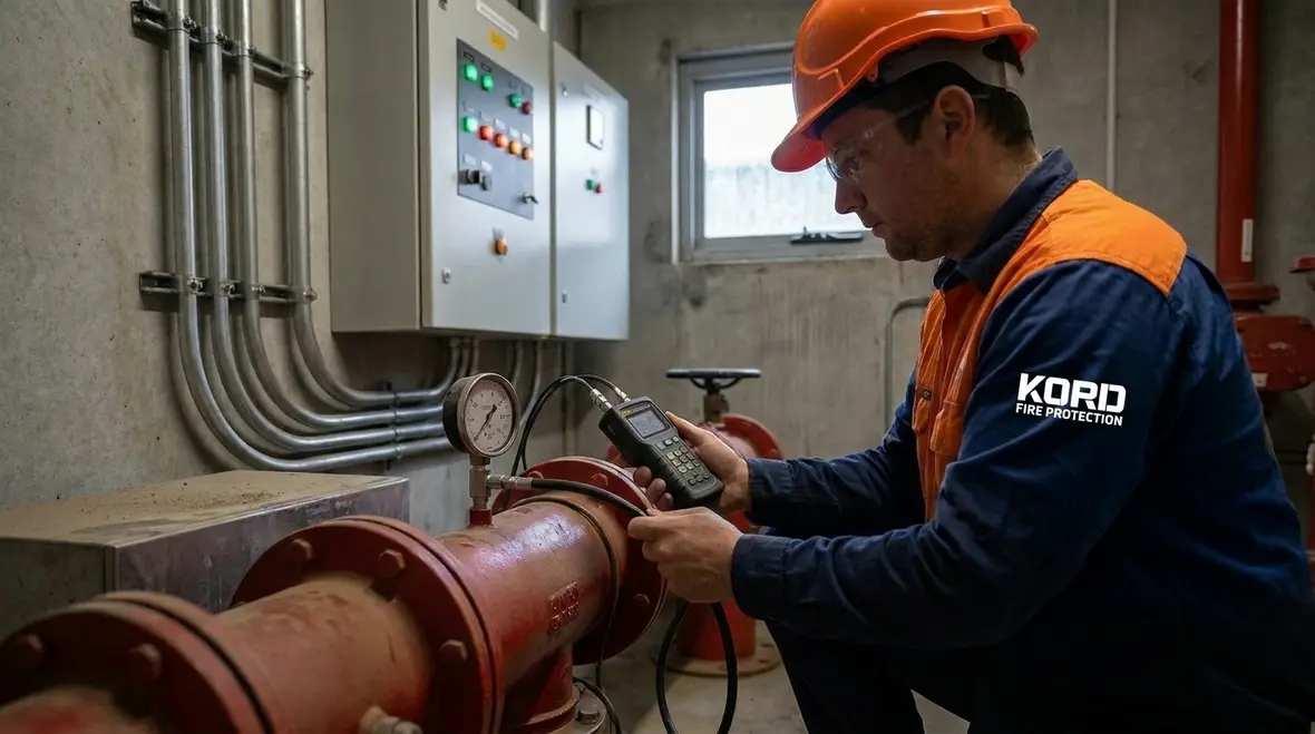 Technician reviewing standpipe pressure sensor readings during calibration