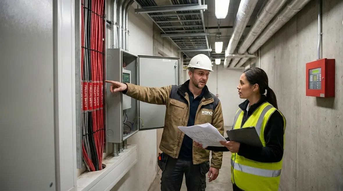Technician reviewing commercial electrical panel schedules and feeder loads