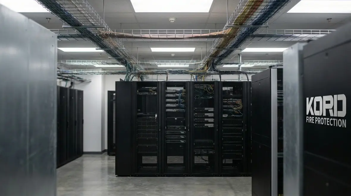 Technicians reviewing layered fire suppression design in a data center