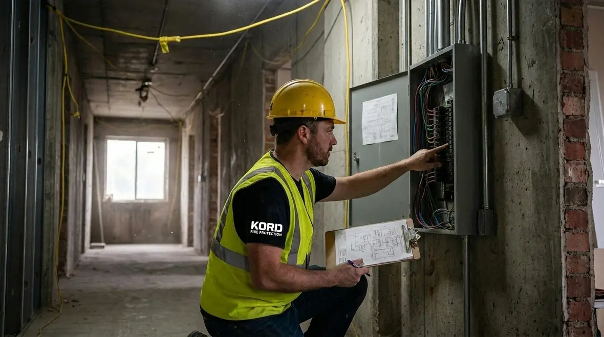Commercial renovation team planning electrical safety controls before energising systems