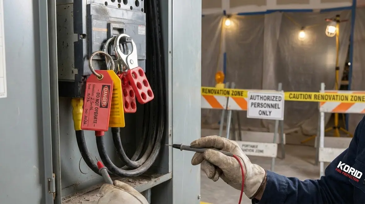 Temporary power setup routed safely through a commercial renovation site