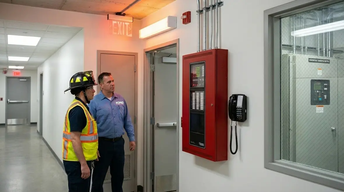 Technician testing emergency power equipment and maintenance records