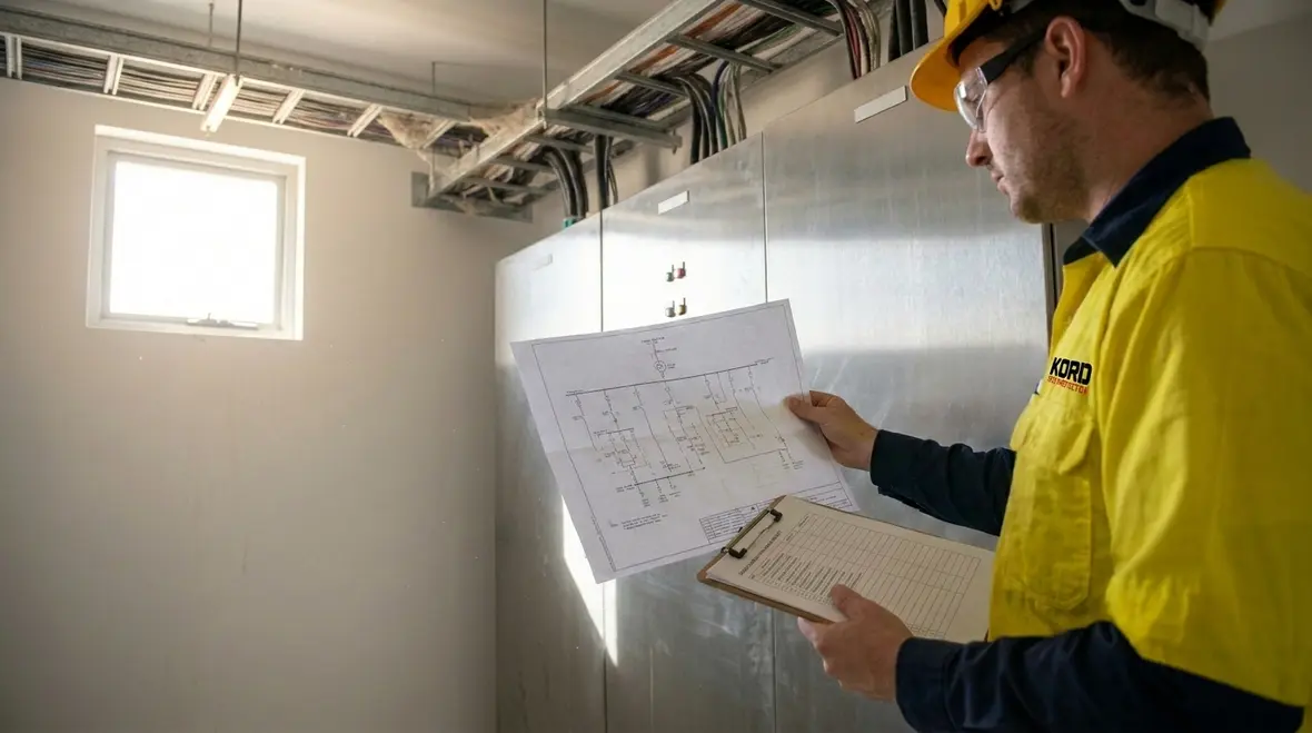 Engineers assessing emergency electrical loads in a commercial facility