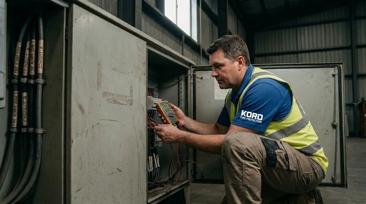 Battery backed fire alarm panel and charger inspection