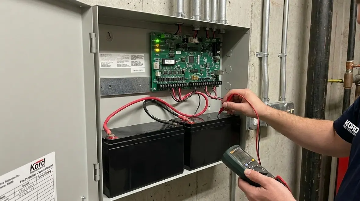 Emergency fire alarm power backup control panel during outage