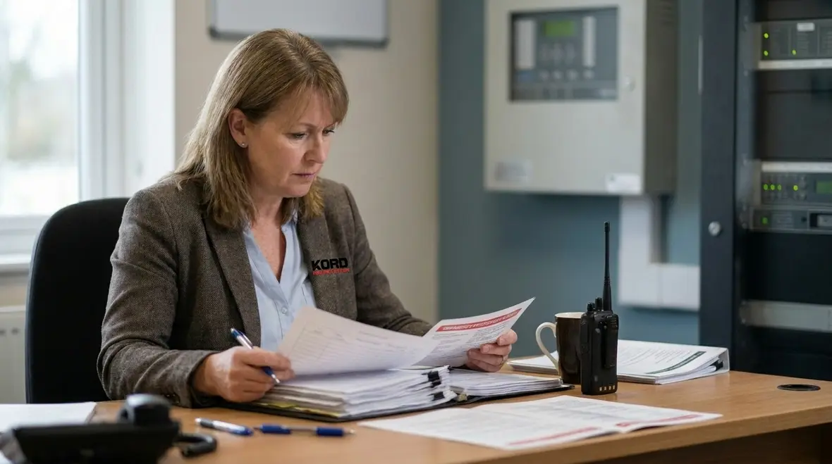 Building manager reviewing alarm panel during fire alarm activation