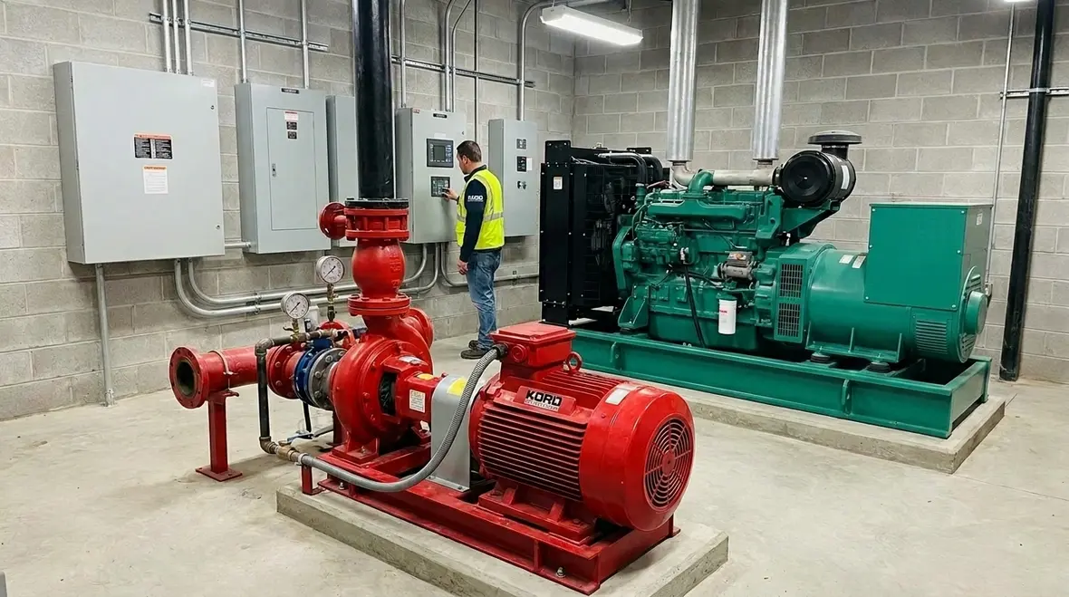 Emergency fire pump power backup system ready for outage conditions