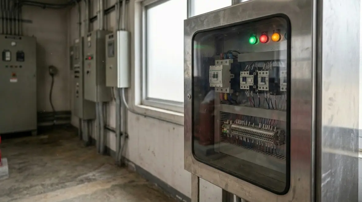 Fire pump technician inspecting electrical monitoring points