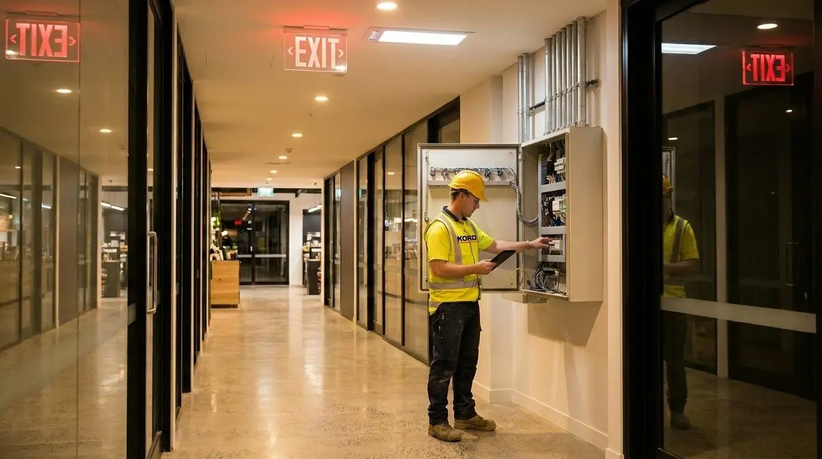 Commercial power distribution and emergency lighting switching logic