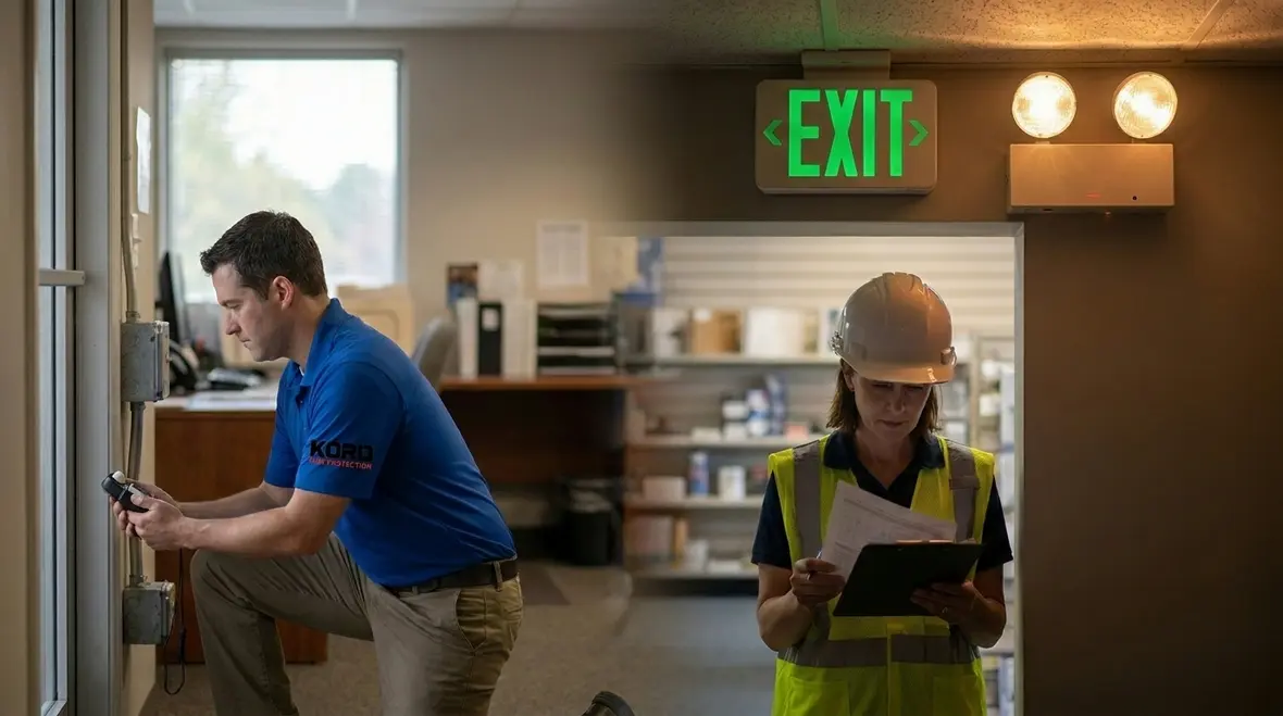 Emergency lighting fixtures supporting egress compliance in a commercial hallway