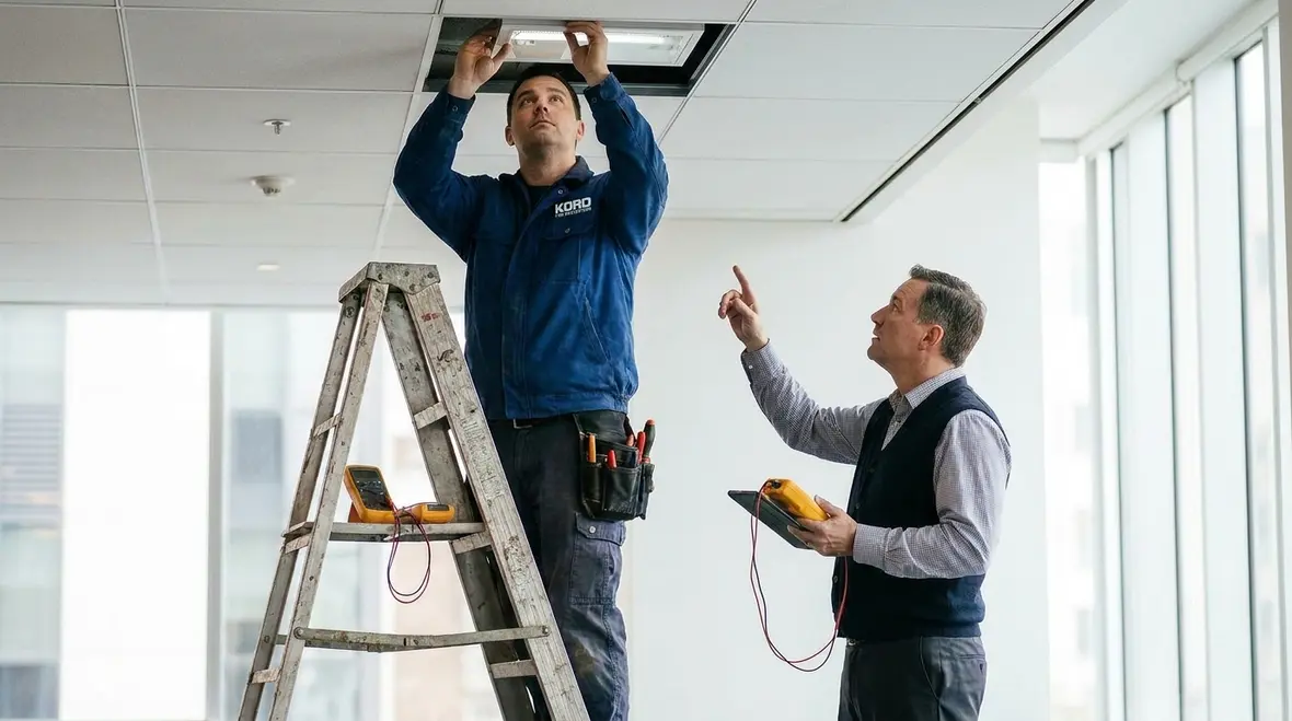 Emergency lighting installed along a workplace exit route for reliable egress