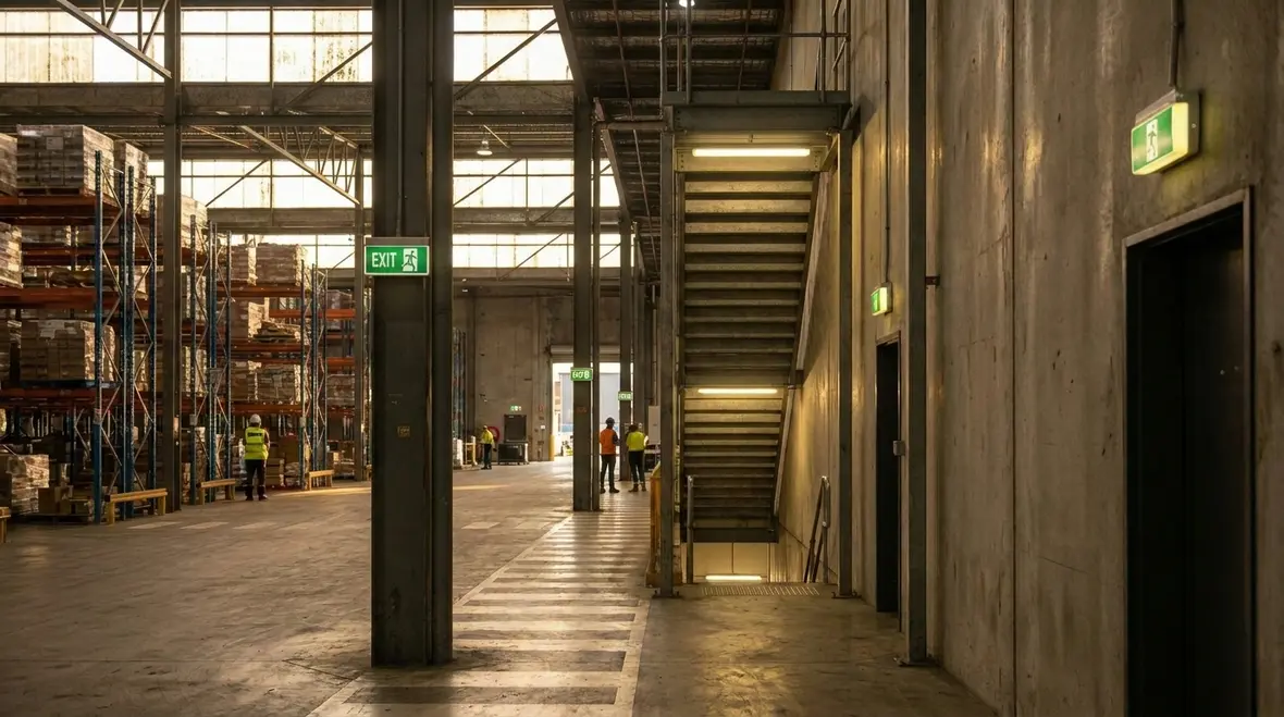 Emergency fire safety lighting operating in a low visibility commercial hallway