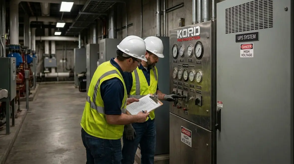 Technician reviewing fire pump emergency power design and testing