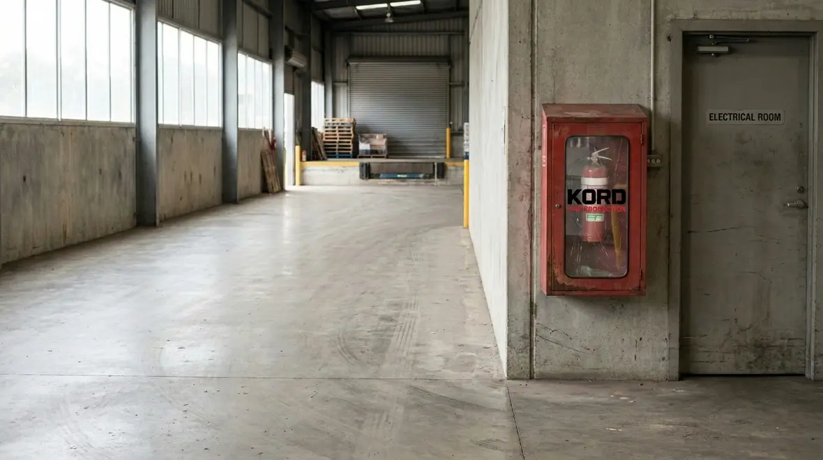 Industrial extinguisher mounted in a visible compliant location