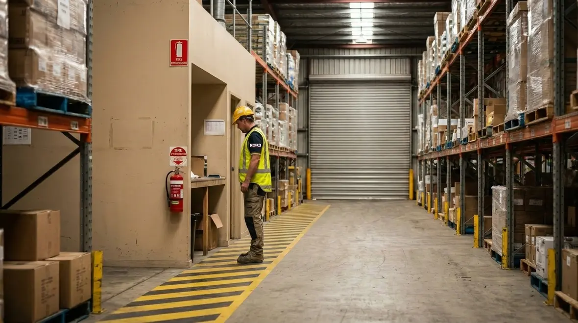 Fire safety technician reviewing extinguisher placement on site