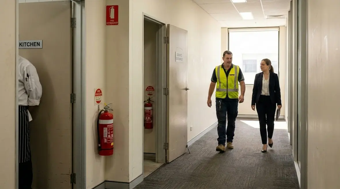 Wall mounted fire extinguisher positioned for compliance in a commercial facility