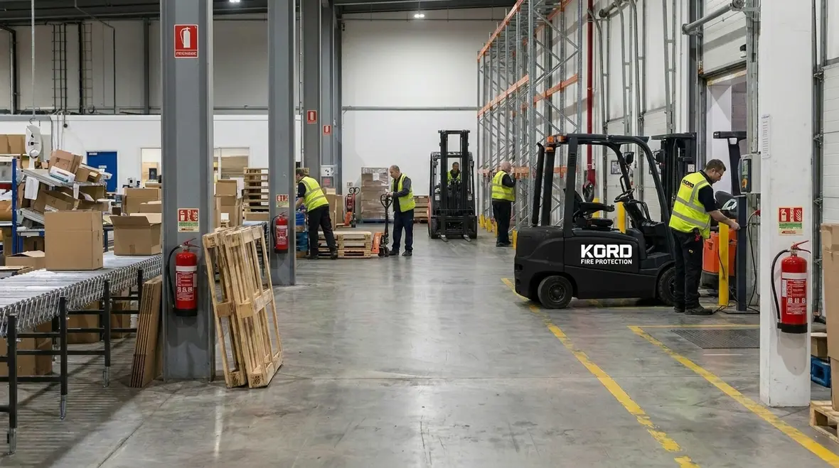 Fire extinguisher positioned clearly in a commercial facility for compliance