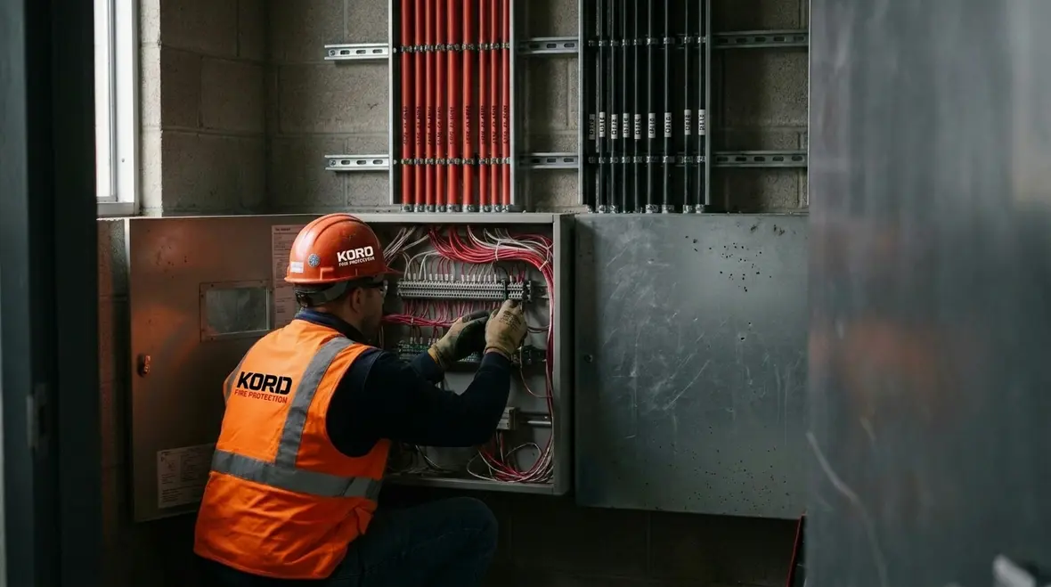 Fire alarm cabling routed neatly in a commercial ceiling space