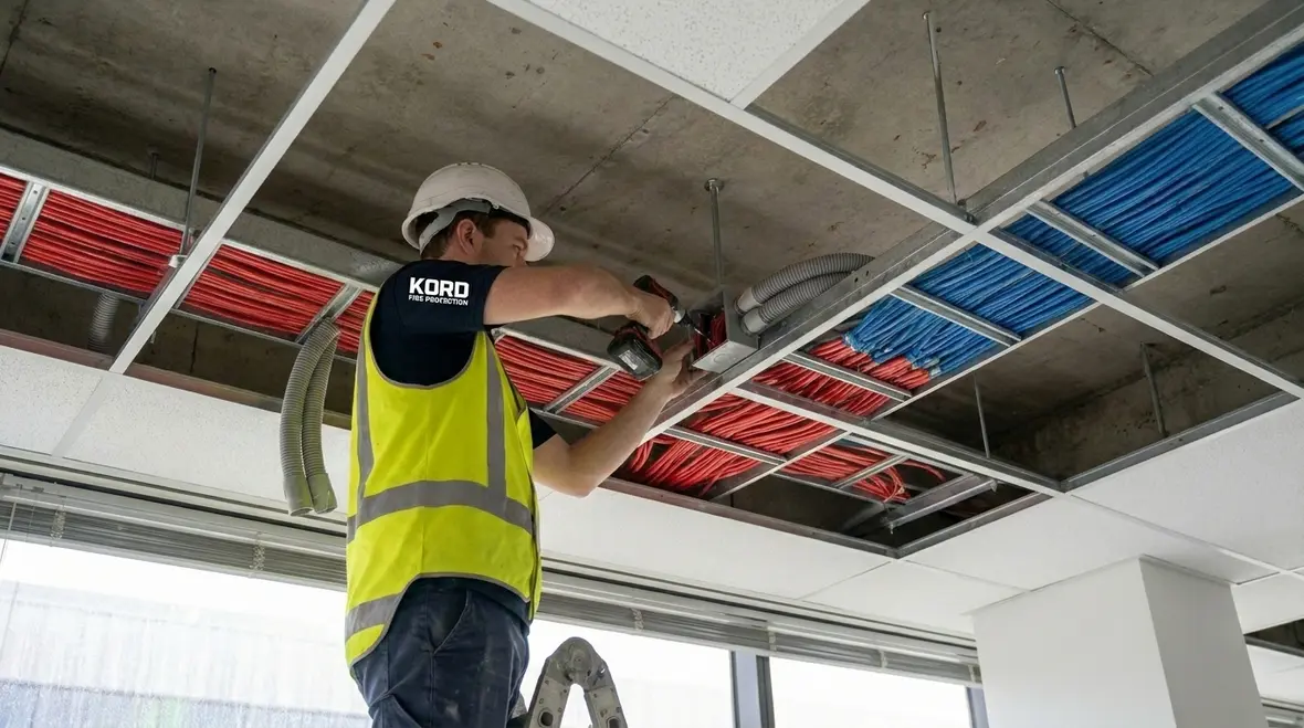 Technician planning fire alarm cable pathways and schedules