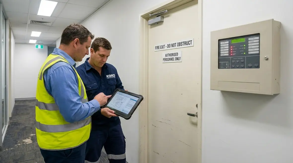Technician testing integrated fire alarm and building automation interfaces