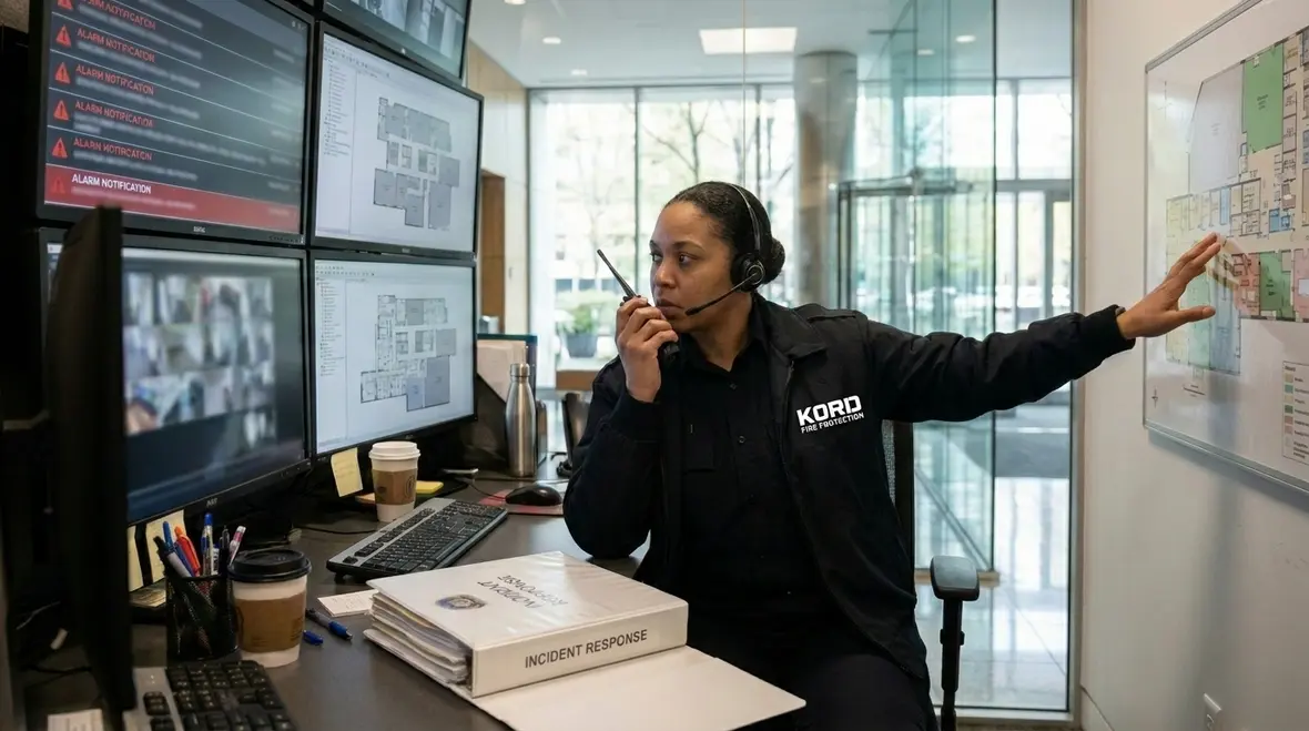 Technician reviewing fire alarm monitoring reports and event logs