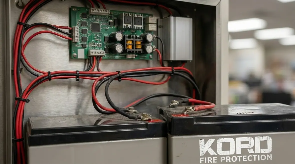 Technician inspecting commercial fire alarm backup batteries and charger