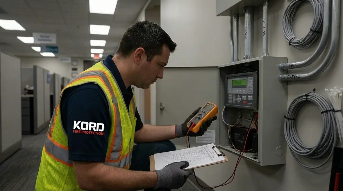 Commercial fire alarm backup power documentation and monitoring review