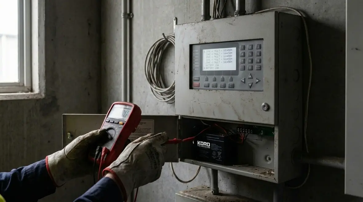 Technician checking fire alarm batteries in a commercial control panel