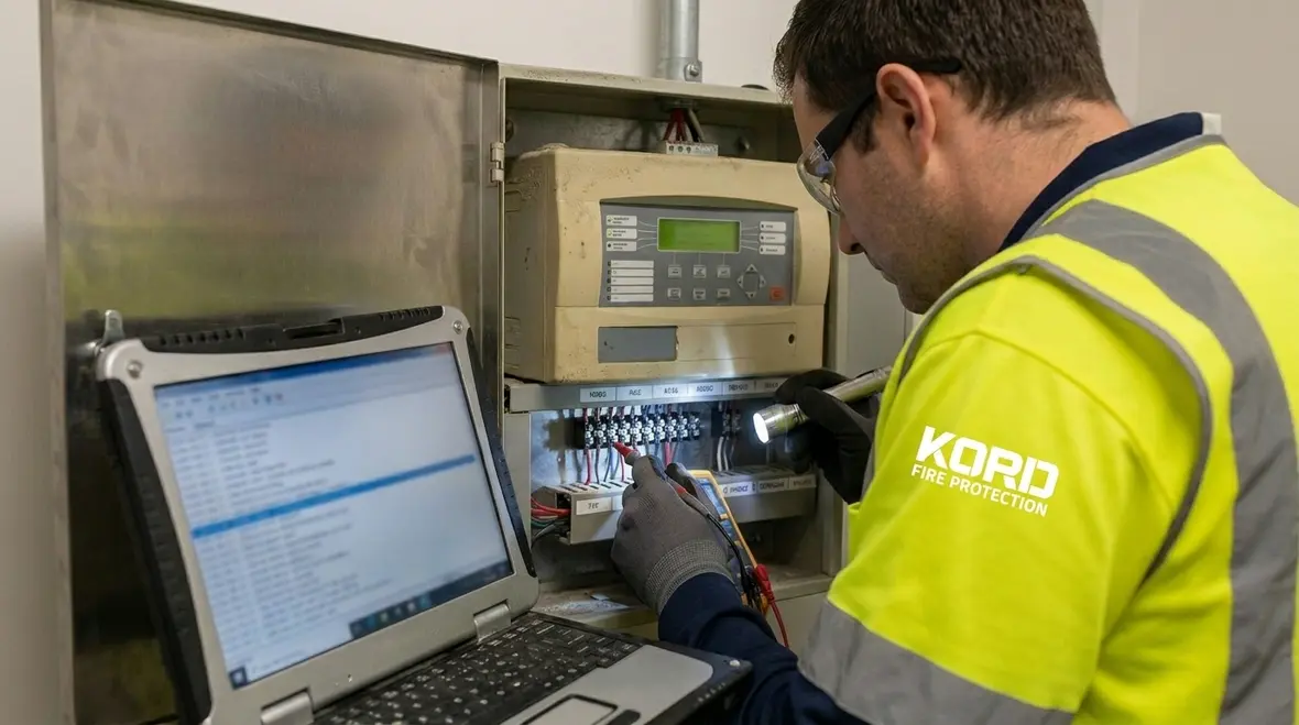 Technician reviewing commercial fire alarm panel and event history in Australia