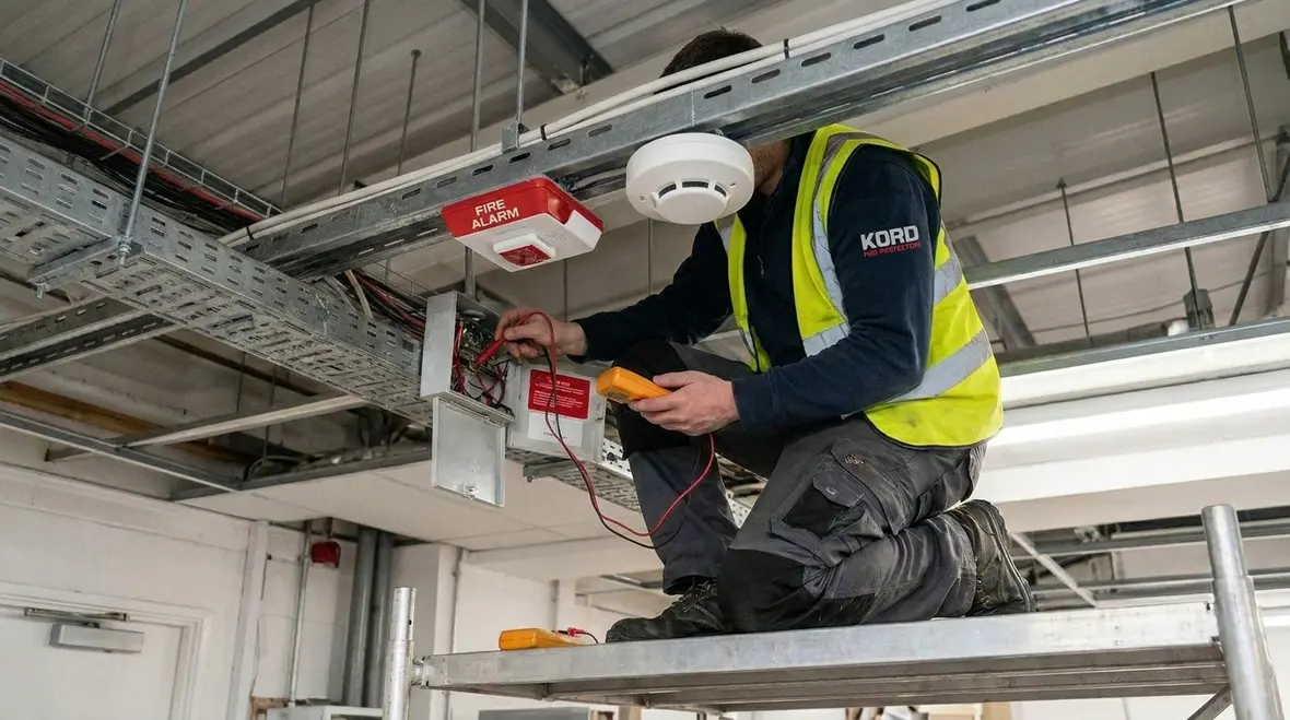 Technician testing fire alarm wiring and voltage on a supervised circuit