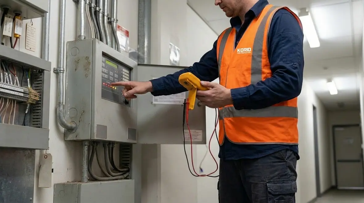 Technician reviewing commercial fire alarm panel for recurring fault codes
