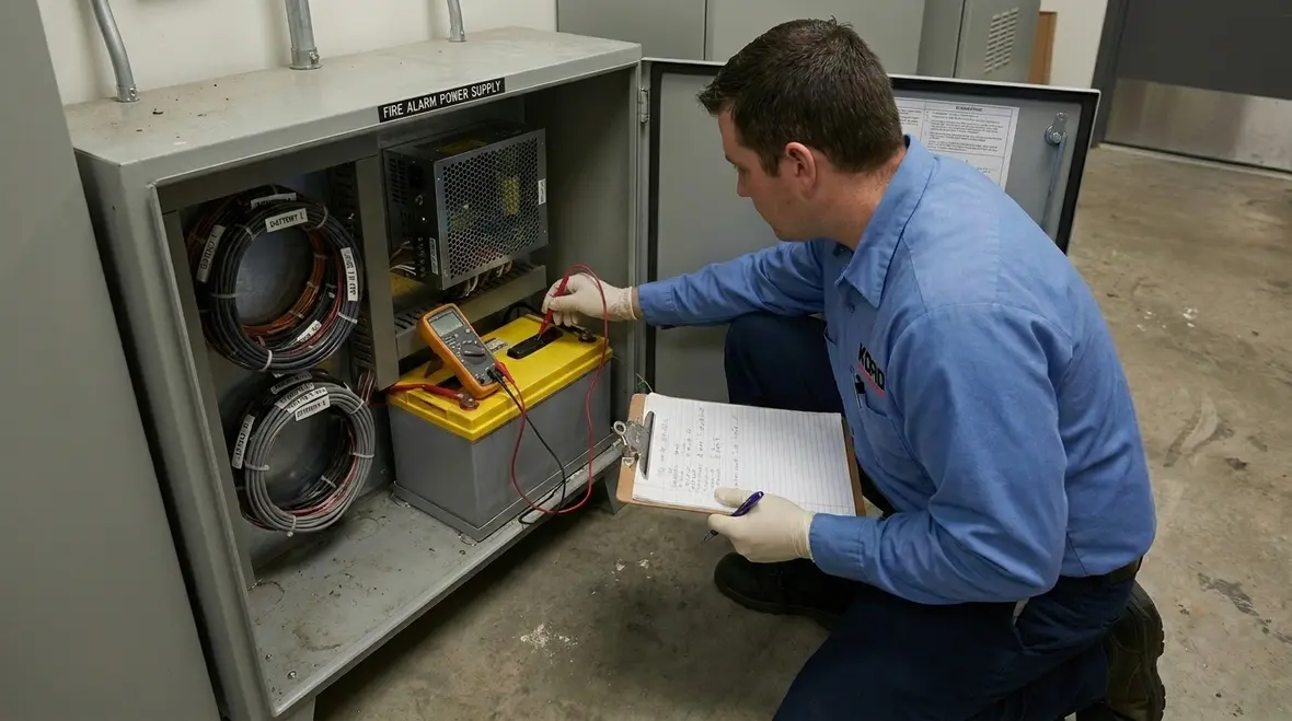 Commercial fire alarm wiring and loop troubleshooting in progress