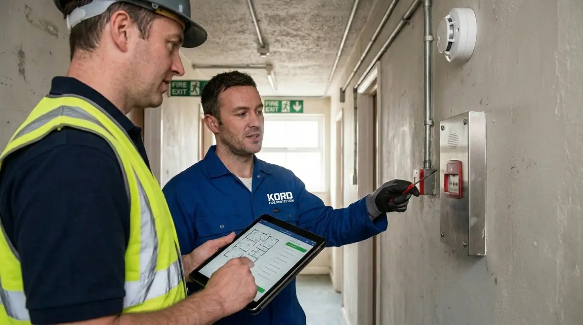 Technician reviewing fire alarm compliance and regulations