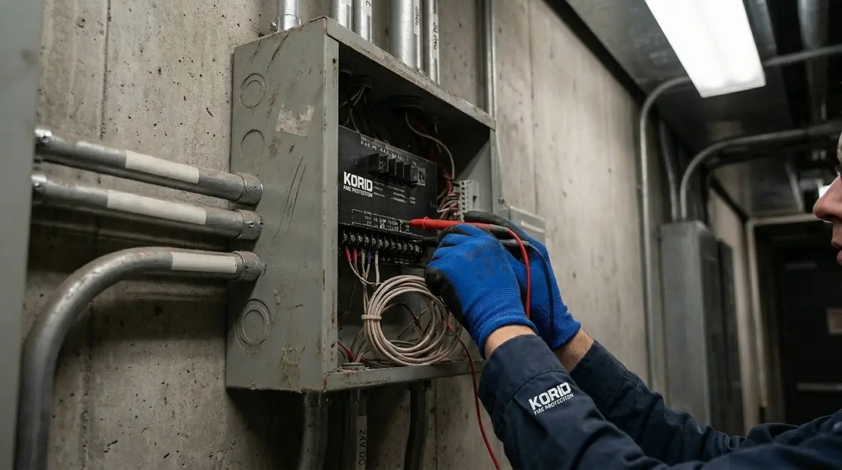 Technician inspecting fire alarm wiring pathways for reliable electrical continuity