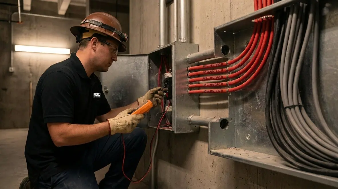 Fire alarm cable routing and pathway protection in a commercial facility