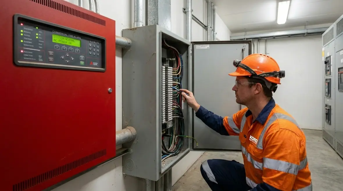 Technician reviewing fire alarm and electrical support systems in a commercial facility