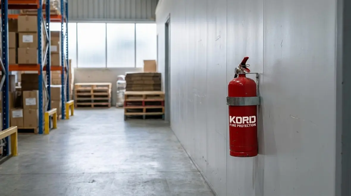 Fire extinguisher mounted along a commercial facility walkway