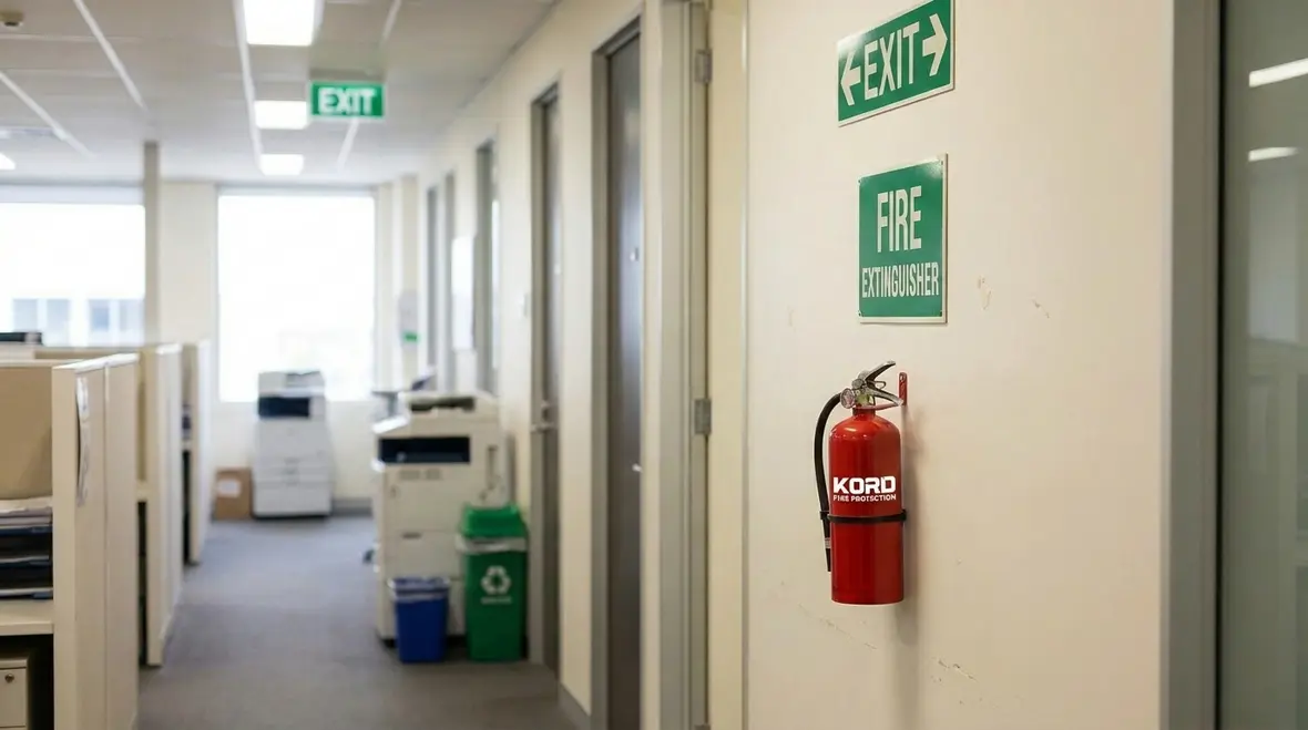 Mounted fire extinguisher placed visibly along a commercial egress route