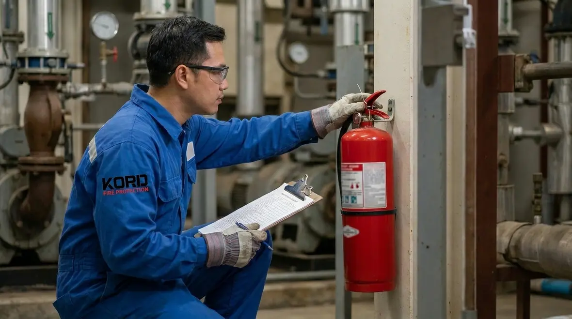 Commercial fire extinguisher signage and visibility in a warehouse environment