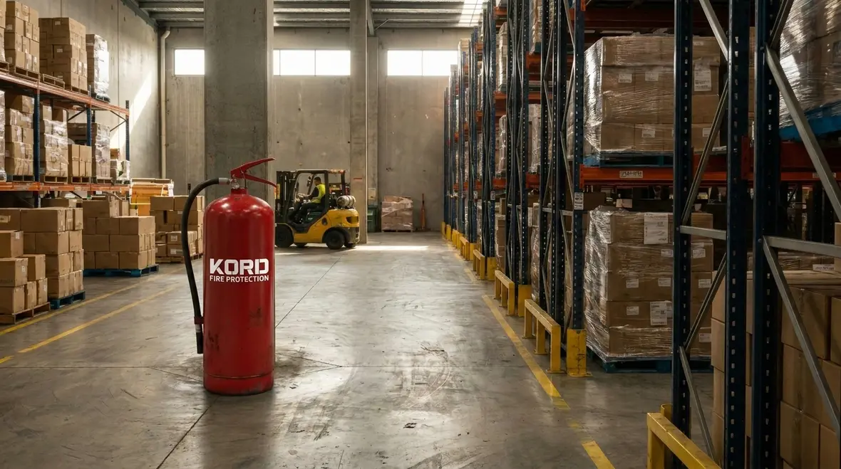 Fire extinguisher mounted near a commercial doorway for fast access